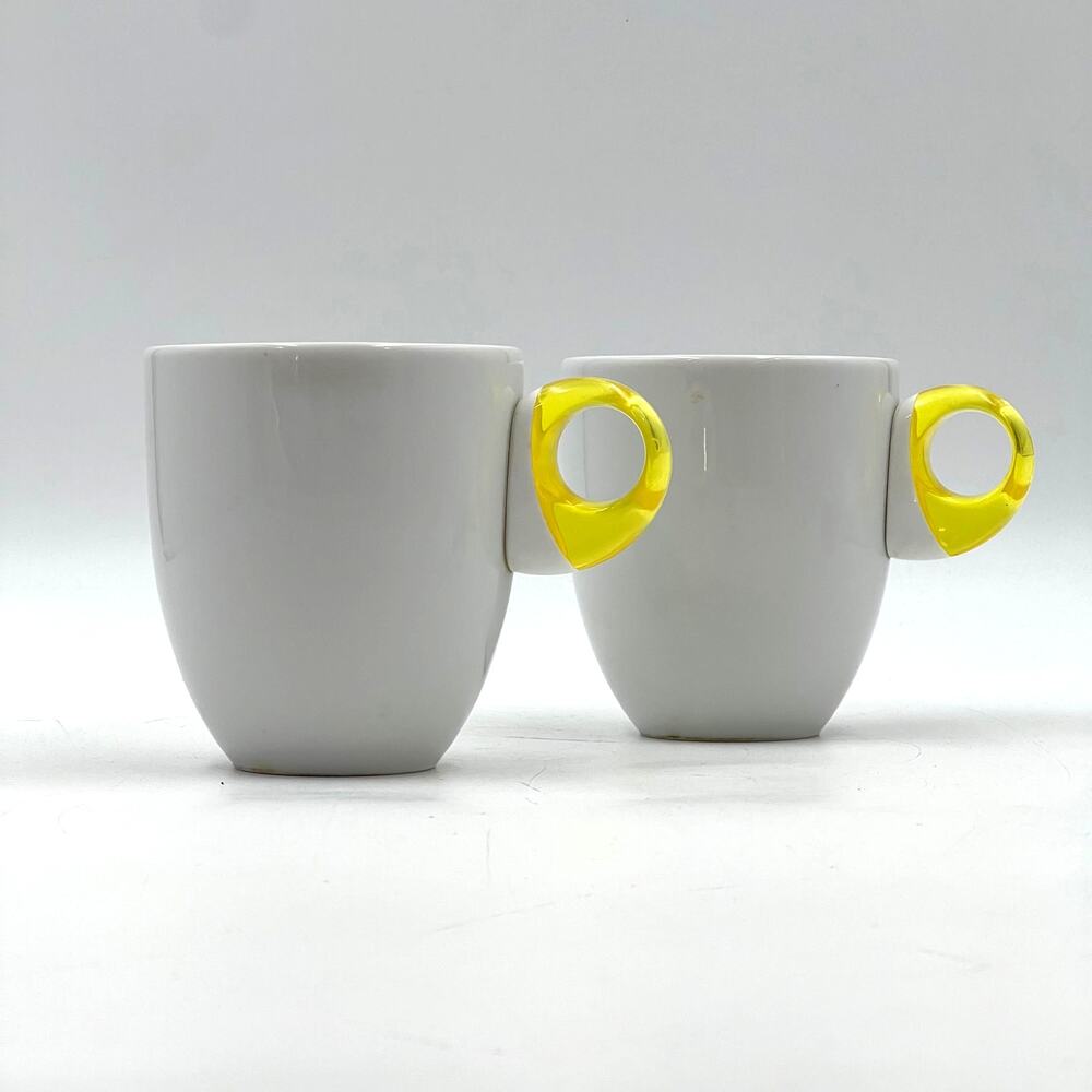 Guzzini Feeling Mugs With Yellow Plastic Handle Set of 2 Porcelain Cups